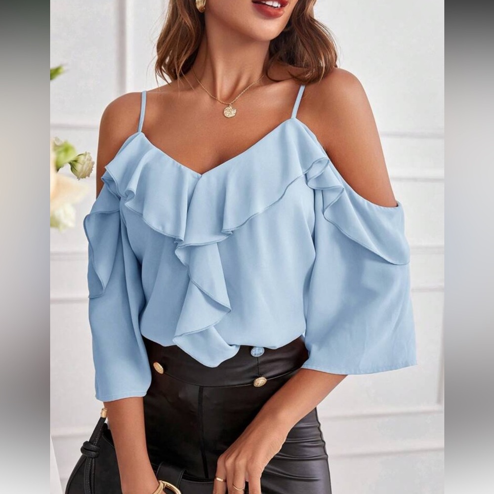 Elegant Red Ruffle Cold Shoulder Top - Picture 13 of 16
